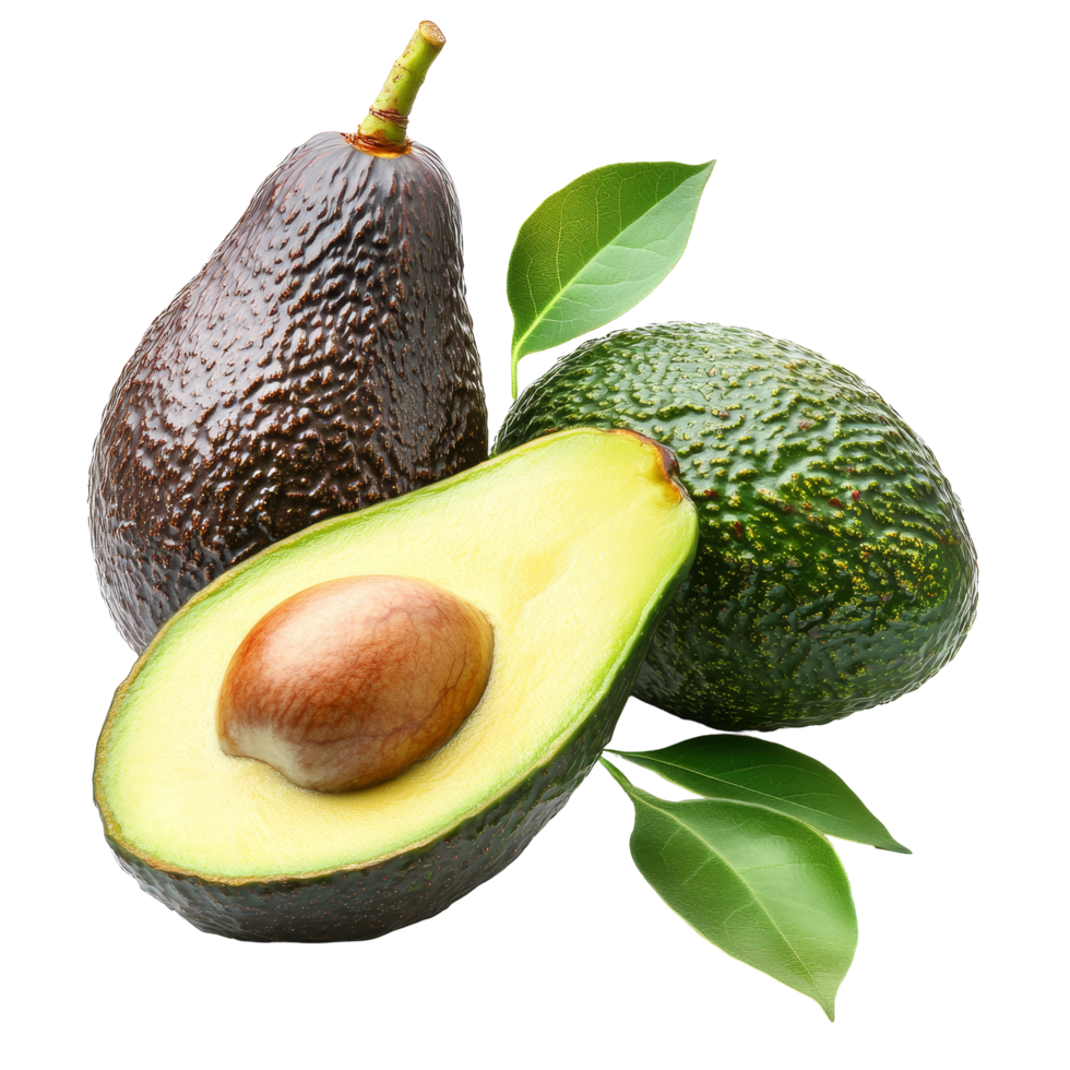 Fresh avocados with one halved featuring a smooth creamy texture and vibrant green color, Avocado isolated png