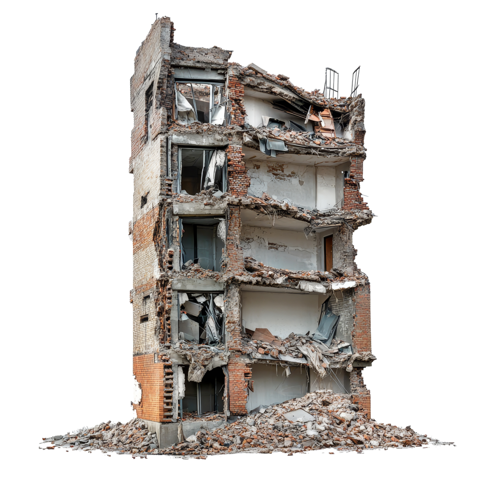Ruined multi story building with exposed interior on a stark transparent background demonstrating structural devastation, Destroyed building on transparent background png