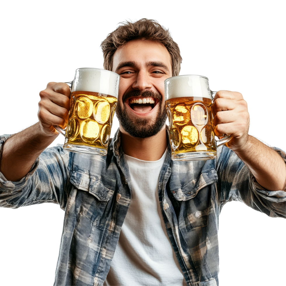 Joyful man performing a celebration toast with two beer mugs at a lively gathering, Joyful Man Raising a Beer Mug Celebration Toast Isolated on transparent background png
