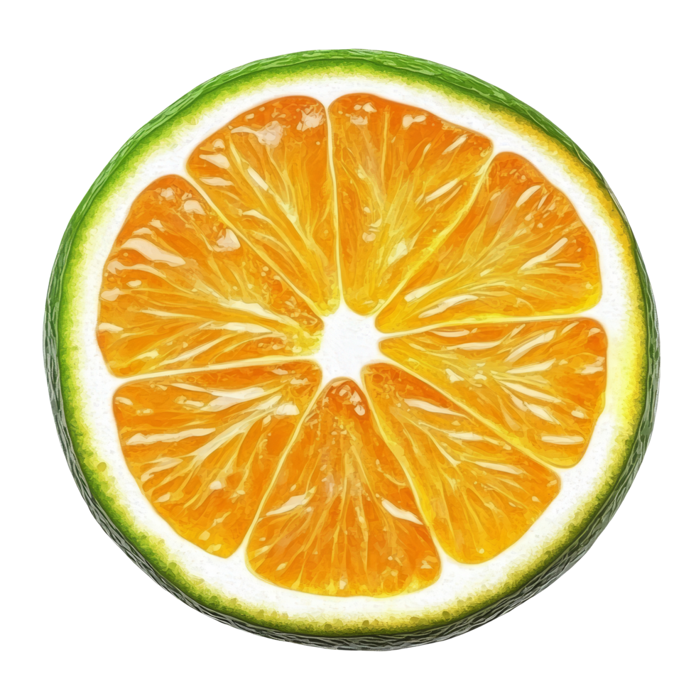 Vibrant green orange slice isolated on a clean transparent background showcasing its juicy texture and vibrant color, green orange slice isolated on transparent background png