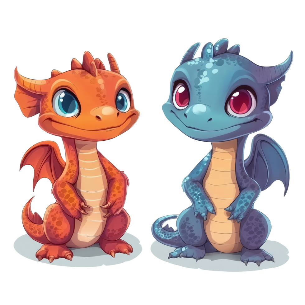 Friendly cartoon dragons smiling together in a whimsical fantasy setting, Friendly Cartoon Dragons, Fantasy Creatures Isolated on transparent background png
