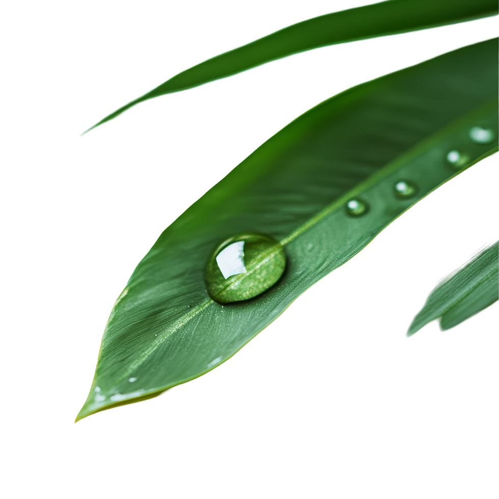 A water drop glistens on a vibrant green palm tree leaf against a clean transparent background, water drop on green leaf of palm tree on transparent backgroundfile png
