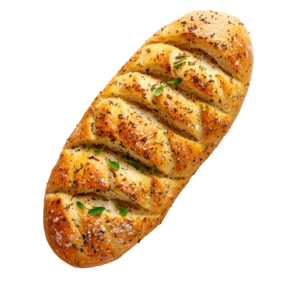 Delicious garlic and herb bread resting on a transparent background, perfect for serving as an appetizer or side dish, Garlic and herb bread on transparent background png
