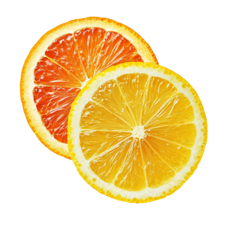 Fresh orange and lemon slices prominently displayed on a transparent background for culinary inspiration and styling, Orange and lemon slice isolated on transparent background png