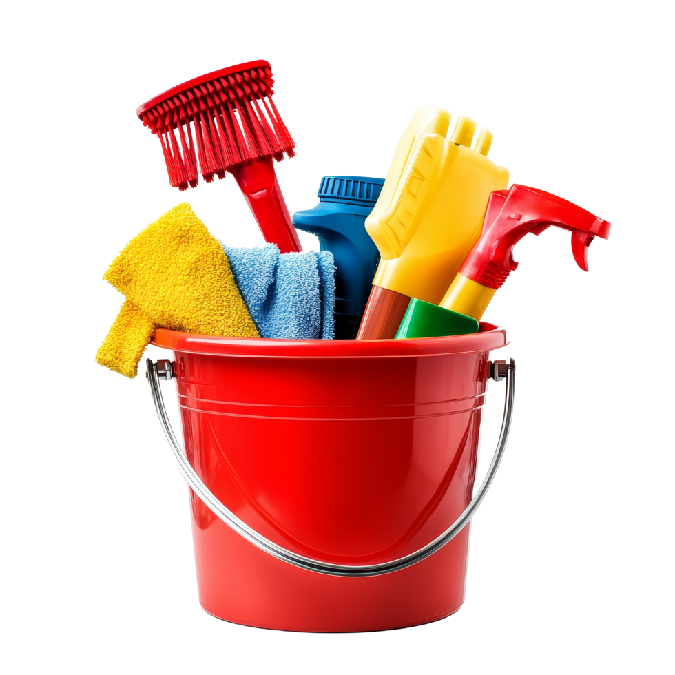 Colorful cleaning supplies and tools in a red bucket set against a transparent background for effective home cleaning, Cleaning Supplies and Tools in Bucket on transparent background png