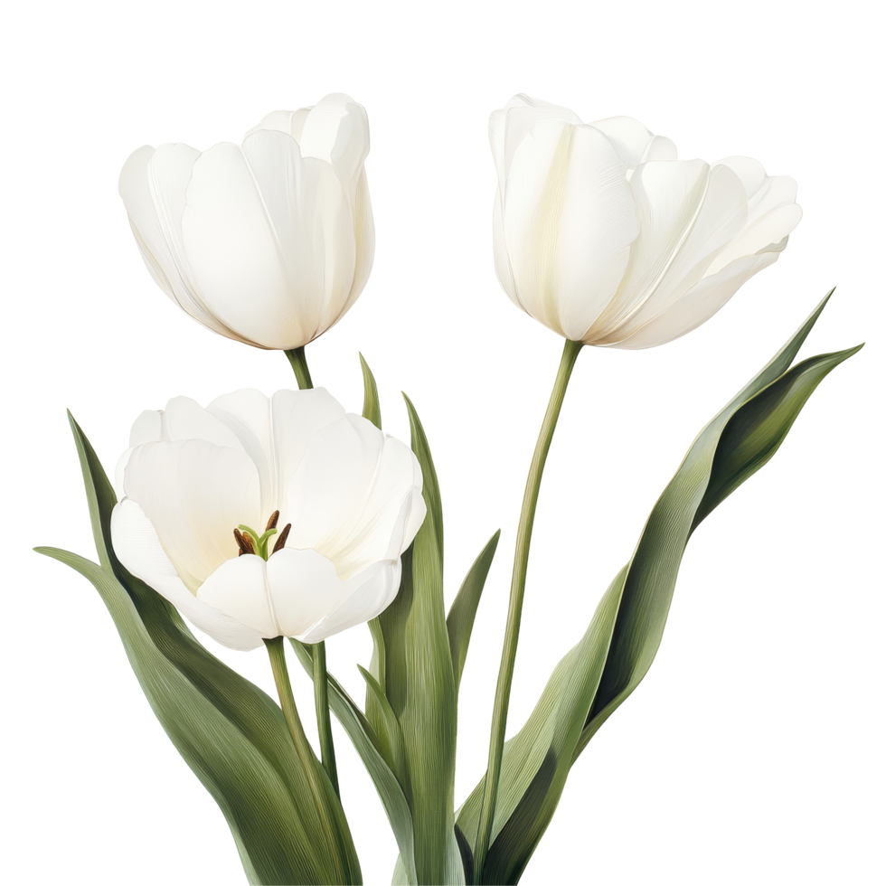 Elegant transparent tulips arranged with green leaves on a soft transparent background showcasing natural beauty and simplicity, Tulip flowers transparent background. Tulip flowers transparent background png