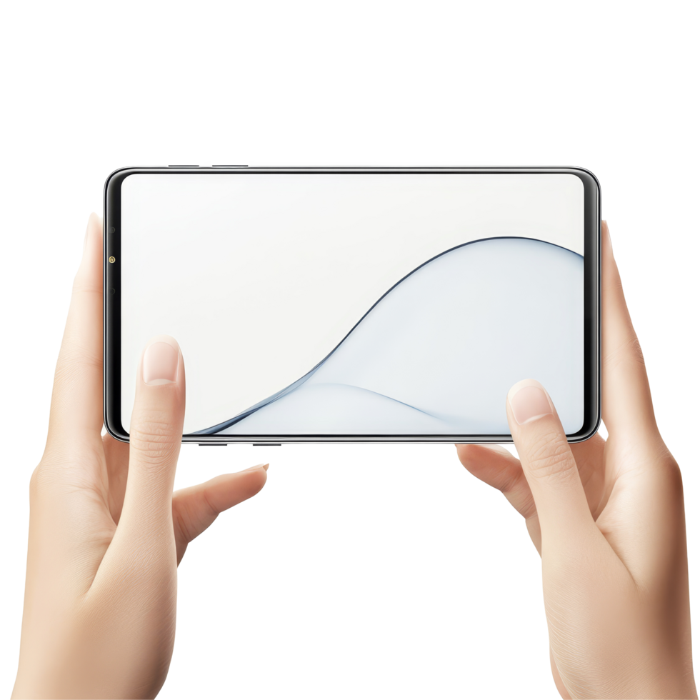 Horizontal mockup of a mobile phone display held by hands with a minimalist design showcasing a smooth interface, Mobile phone display mockup, horizontal smartphone screen in hands, isolated on transparent png