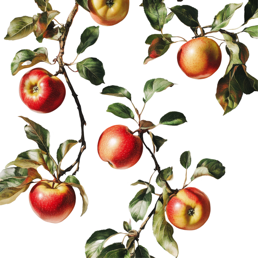 A vibrant branch of fresh apples against a clean transparent background showcasing natures bounty, Branch of delicious apples on whtie background cutouts png