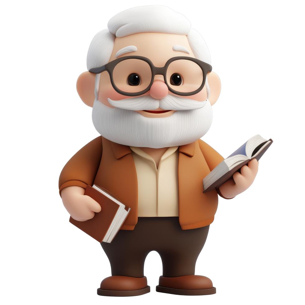 This friendly cartoon teacher character is holding a book and notebook, ready to inspire students, 3D Cartoon Teacher Character Isolated on transparent background png