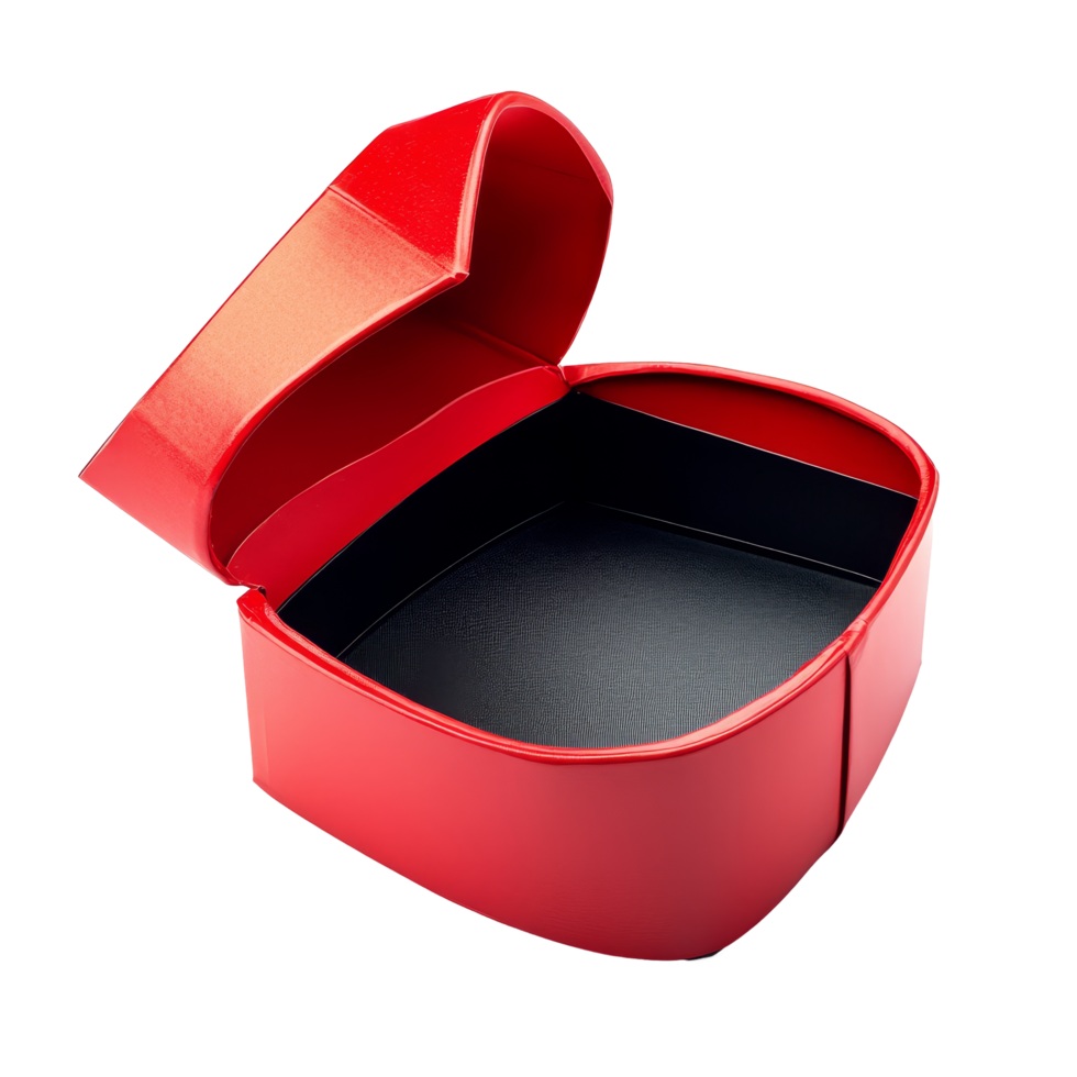 An elegant red heart shaped gift box with a black interior opens invitingly against a transparent background, Red heart shape open gift box isolated on transparent background png
