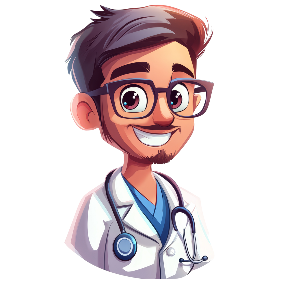 Smiling cartoon doctor with stethoscope on a bright transparent background, ideal for health related illustrations or educational use, Cartoon Doctor Vibrant Character Isolated on transparent background png