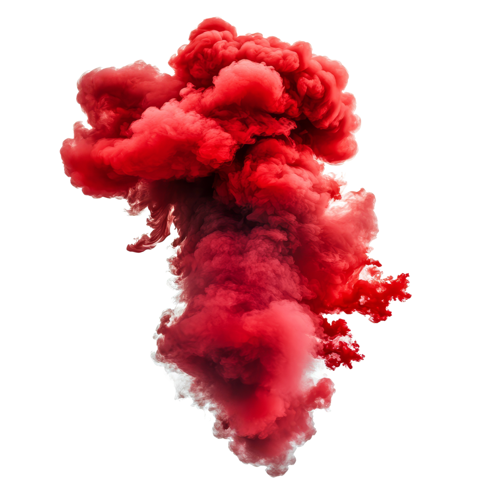 Red paint splash explosion creates a dense smoke cloud isolated on a transparent background, red paint splash explosion smoke cloud isolated on transparent background png