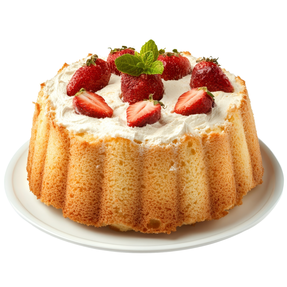 Delicious angel food cake topped with fresh strawberries and mint on a transparent plate, angel food cake on plate isolated on transparent background png