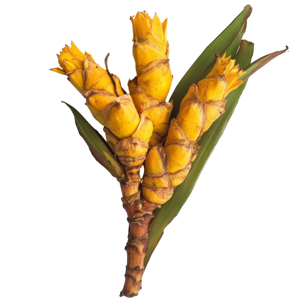 Curcuma latifolia Roscoe with vibrant yellow blooms and green foliage set against a clean transparent background, Curcuma latifolia Roscoe on transparent background png