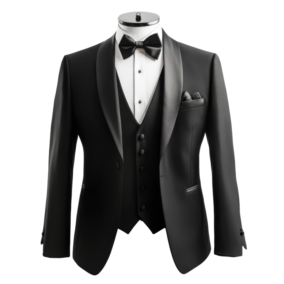 Elegant black tuxedo suit displayed on a mannequin against a clean transparent background, black tuxedo suit for mockup,isolated transparent background png