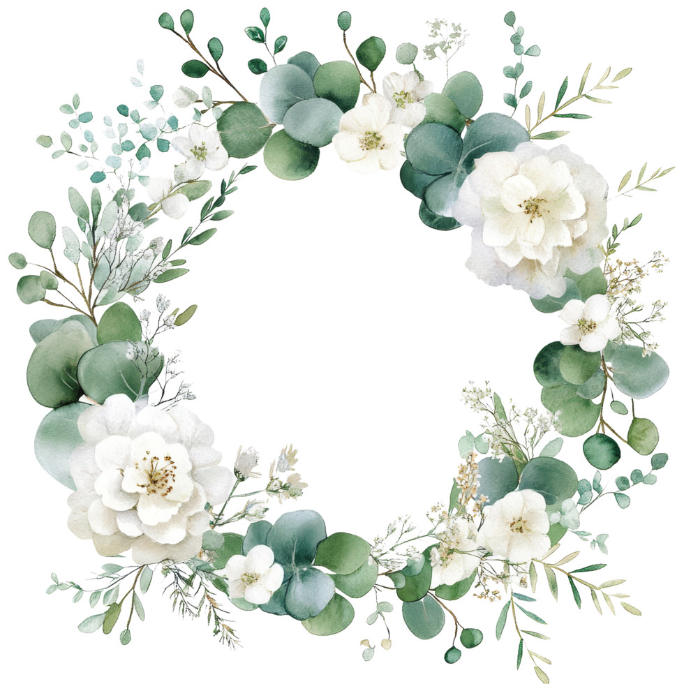 Beautiful transparent flower and eucalyptus watercolor wreath border for elegant decor and invitations, transparent Flower and Eucalyptus Watercolor Wreath Borders Timeless Elegance png