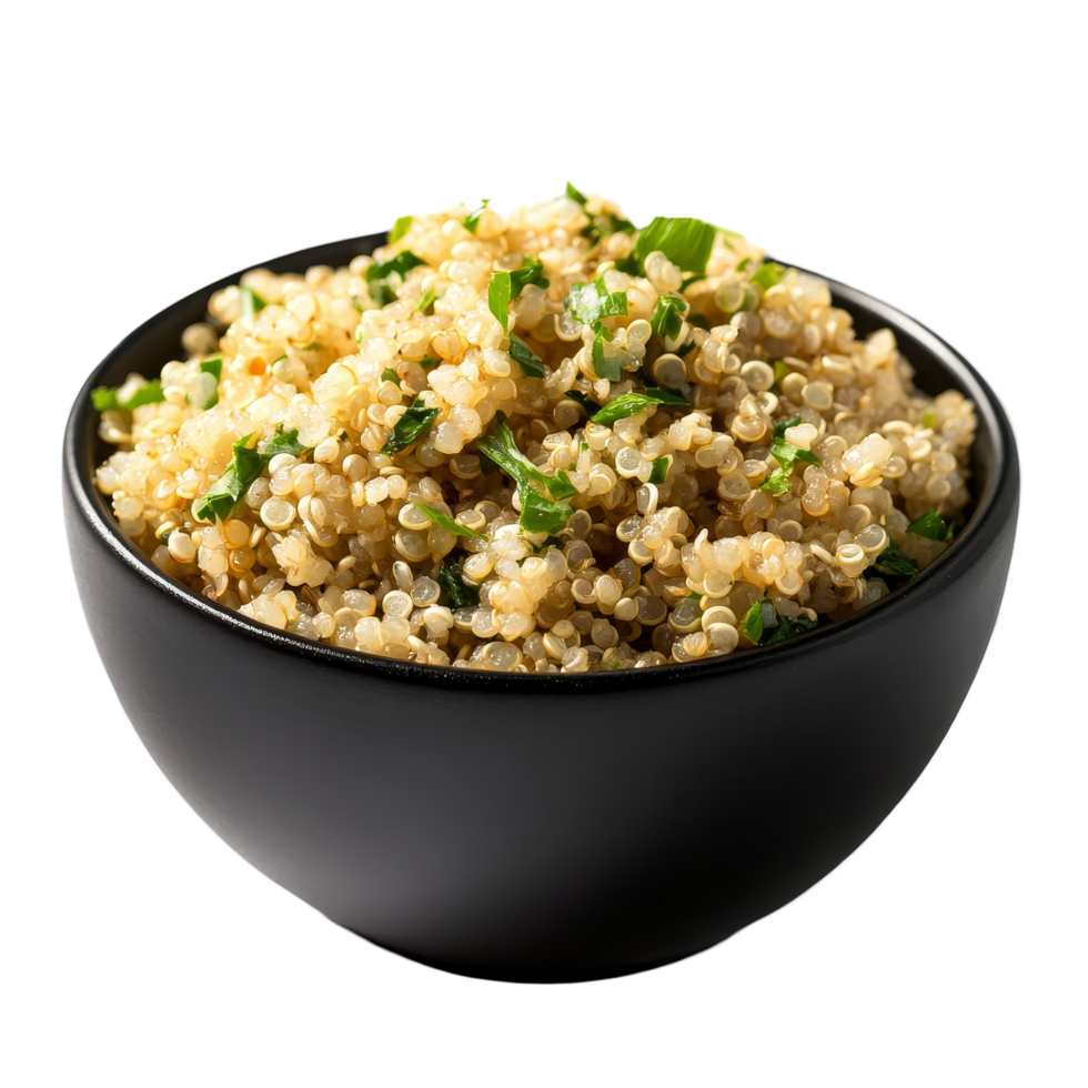 Healthy quinoa salad served in a black bowl on a clean transparent background ready for a nutritious meal, Quinoa in black bowl on transparent background png