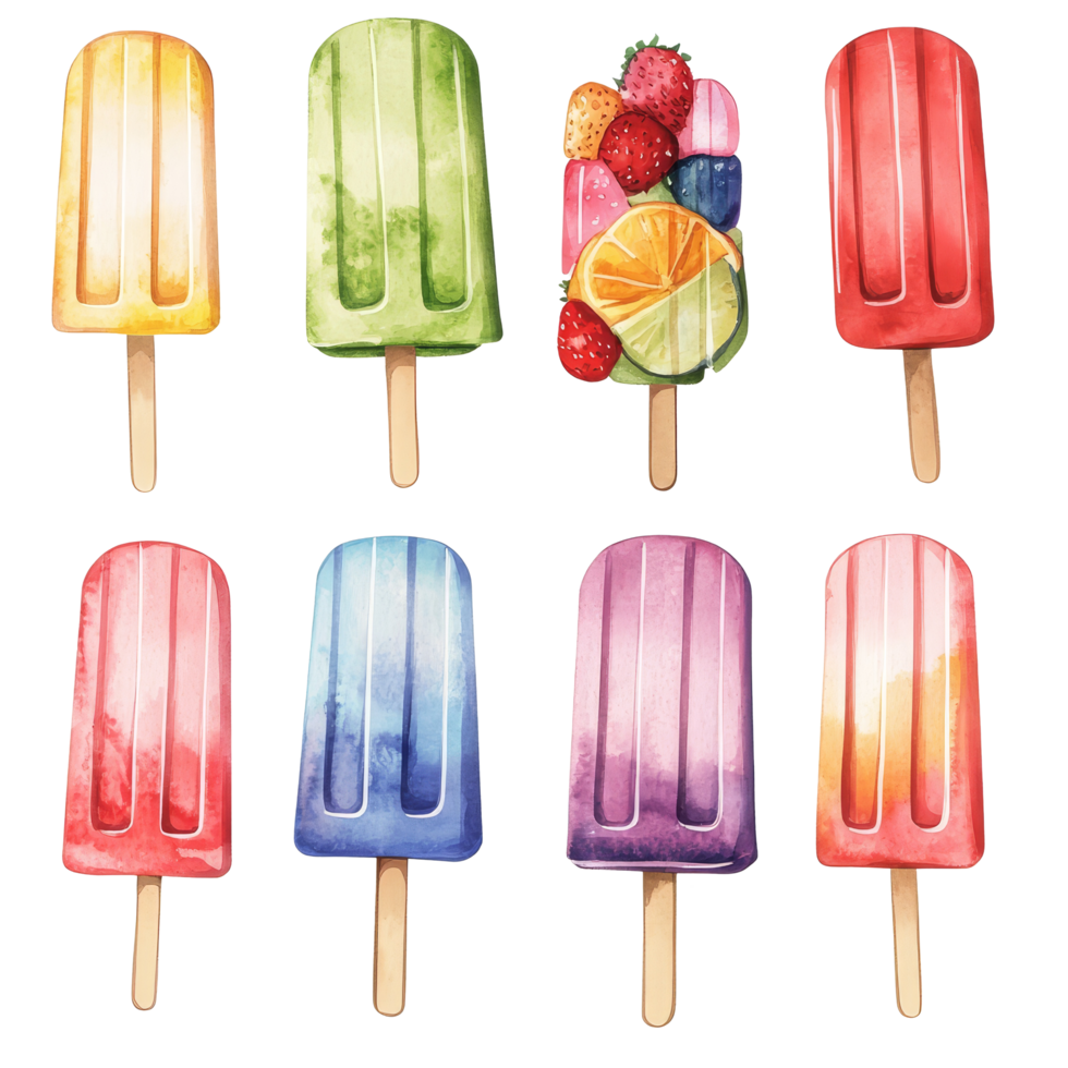Colorful watercolor popsicle clipart collection featuring various flavors and vibrant designs for summer use, Heart Illustration Delicate and Expressive, Perfect for Artistic Decor. png