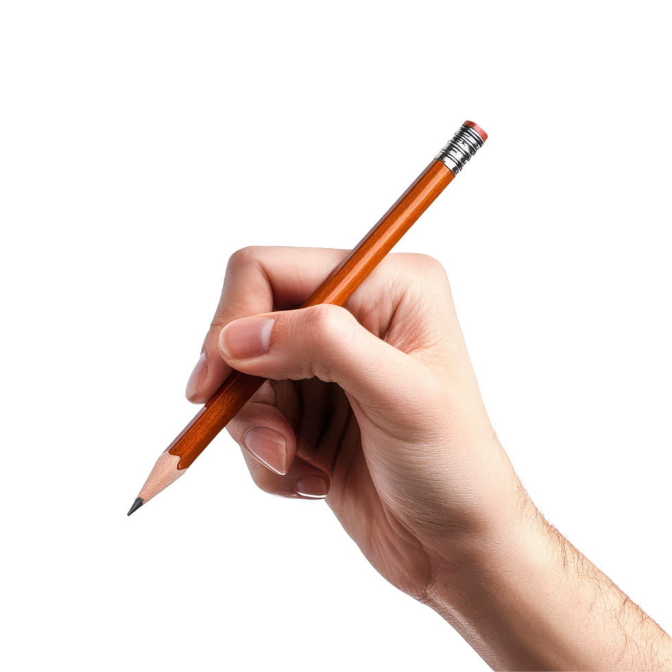 A persons hand holds a pencil while sketching on a blank surface in a creative workspace during daytime, Hand holding pencil, drawing, sketching, writing POV, isolated on transparent png