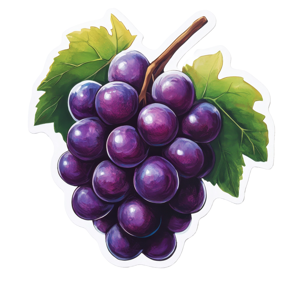 A vibrant purple grape cluster sticker against a clean transparent background for fresh fruit packaging, Purple grape sticker on transparent background png