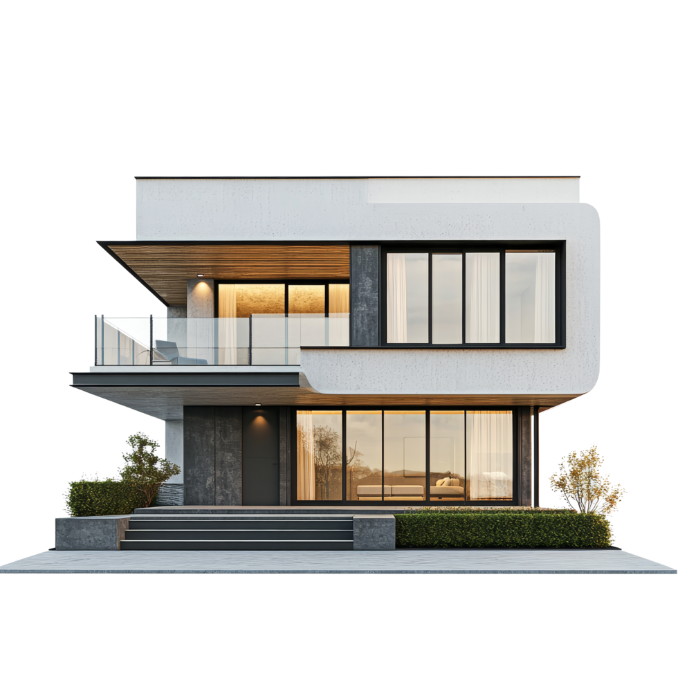 Modern two story house design with a sleek transparent facade and landscaped entrance on a clean background, modern house, isolated transparent background png