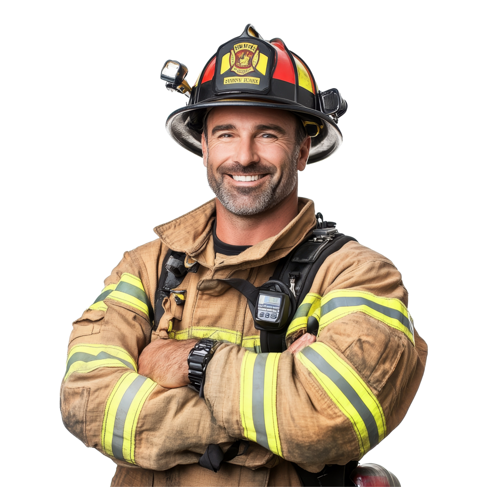 Friendly firefighter portrait with arms crossed, showcasing dedication and readiness in emergency response, firefighter portrait, friendly smiling arms crossed isolated on solid transparent background png