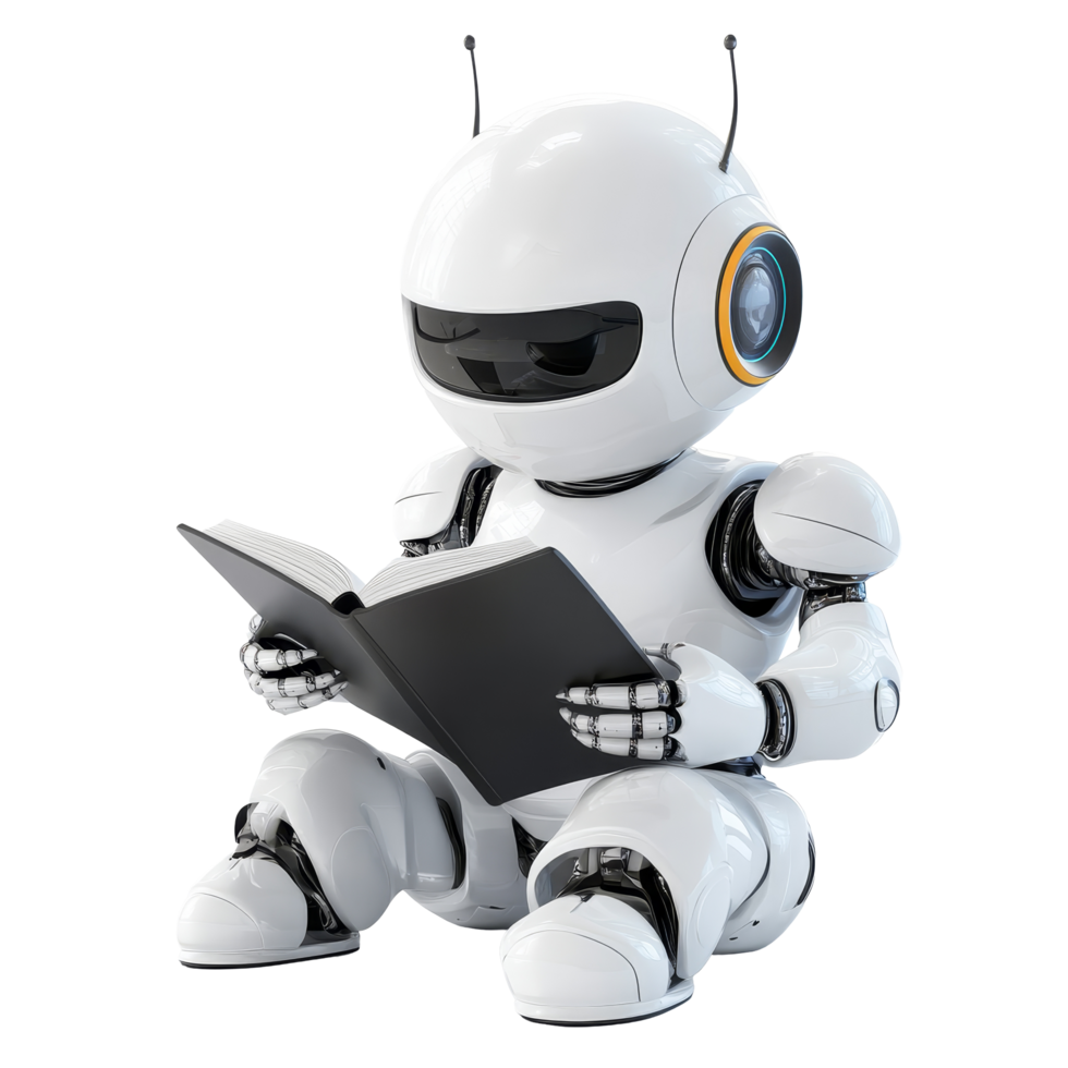 un' allegro umanoide androide gode lettura un' libro su un' trasparente sfondo, in mostra un' miscela di tecnologia e curiosità, allegro umanoide androide lettura libro su trasparente sfondo png