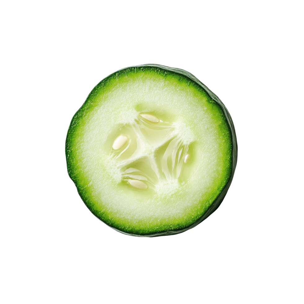 A fresh cucumber slice showcasing its green skin and light flesh on a transparent background, Fresh slice cucumber on transparent background png