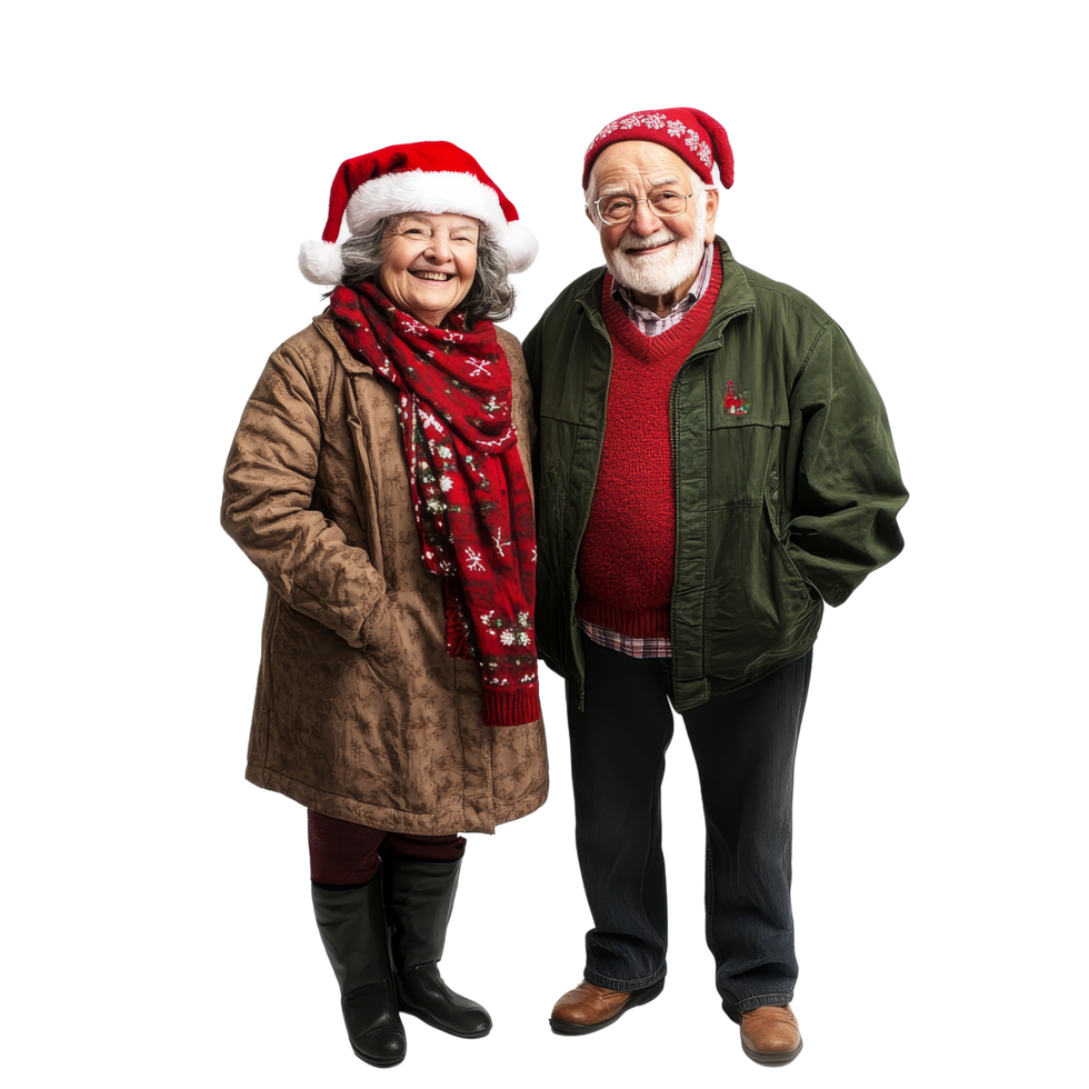 Elderly couple dressed in festive Christmas attire sharing joy during the holiday season, elderly couple wearing christmas clothes on transparent background png