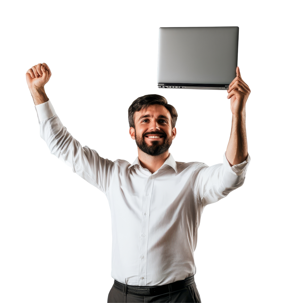 A man stands enthusiastically raising a laptop in a bright classroom during a teaching moment, a man teacher standing up while holding up a laptop, file of isolated object on transparent background png
