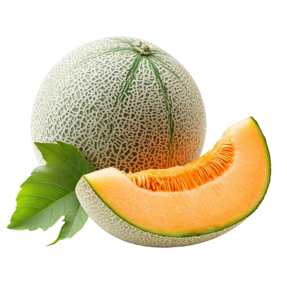 Fresh cantaloupe melon with a leaf isolated on a transparent background in a hue, cantaloupe melon with leaf isolated on transparent background png