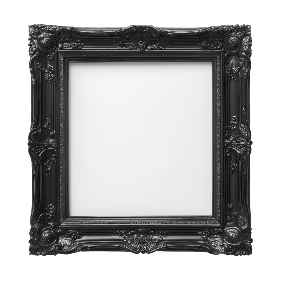 Realistic black ornate picture frame displayed against a clean transparent background, Black blank picture framerealistic horizontal picture frame png