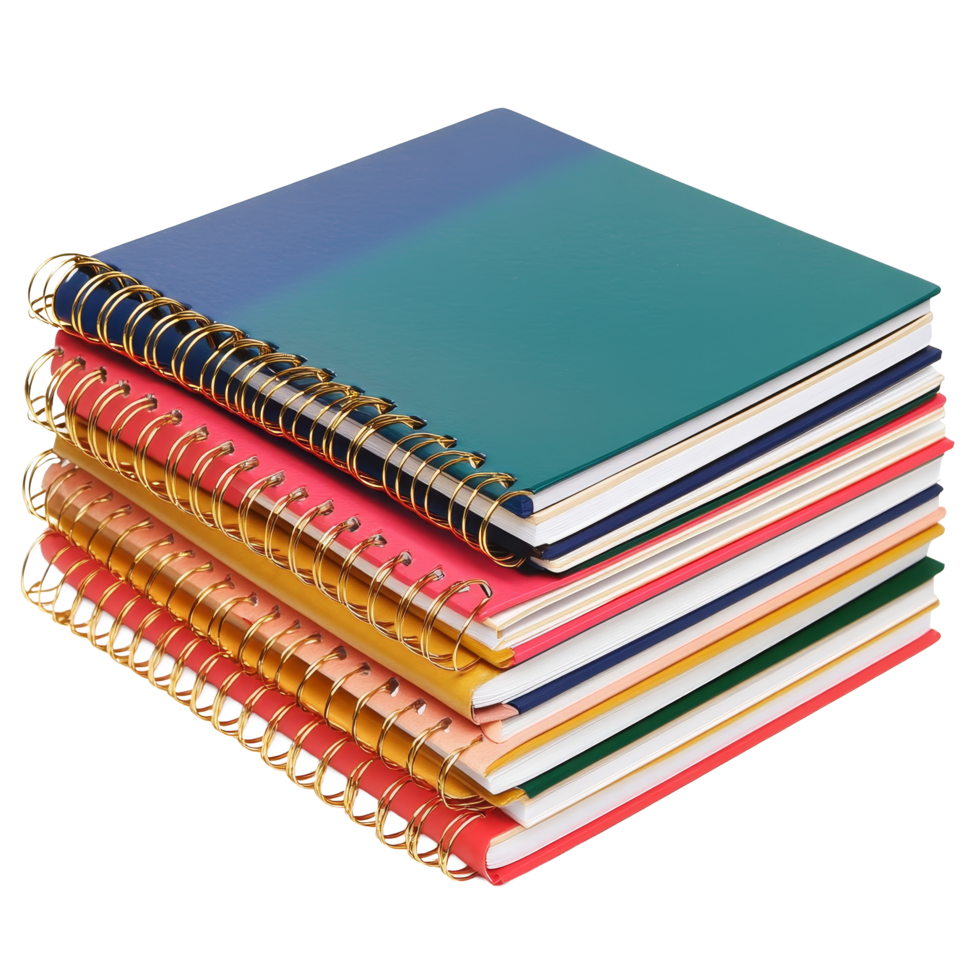A colorful stack of spiral notebooks isolated against a transparent background for students and office use, Spiral Notebooks Isolated on transparent background png