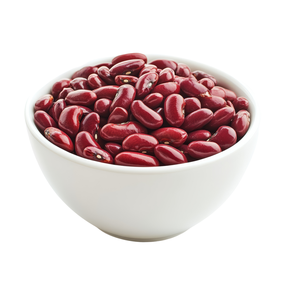 Red beans in a transparent bowl on a clean transparent background, showcasing their rich color and natural shine, Red beans in transparent bowl isolated on transparent background png