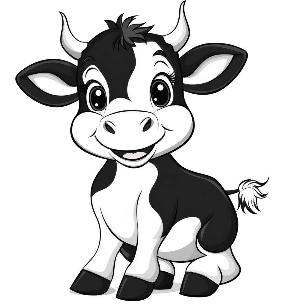 A cheerful black and transparent cartoon cow with big eyes posing adorably against a simple transparent background, cute black and transparent cartoon cow isolated on transparent background png