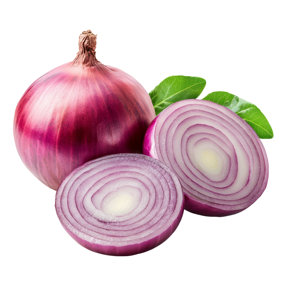 Fresh red onion with green leaves isolated on a transparent background showcasing its vibrant color and texture, fresh red onion with leaf isolated on transparent background png
