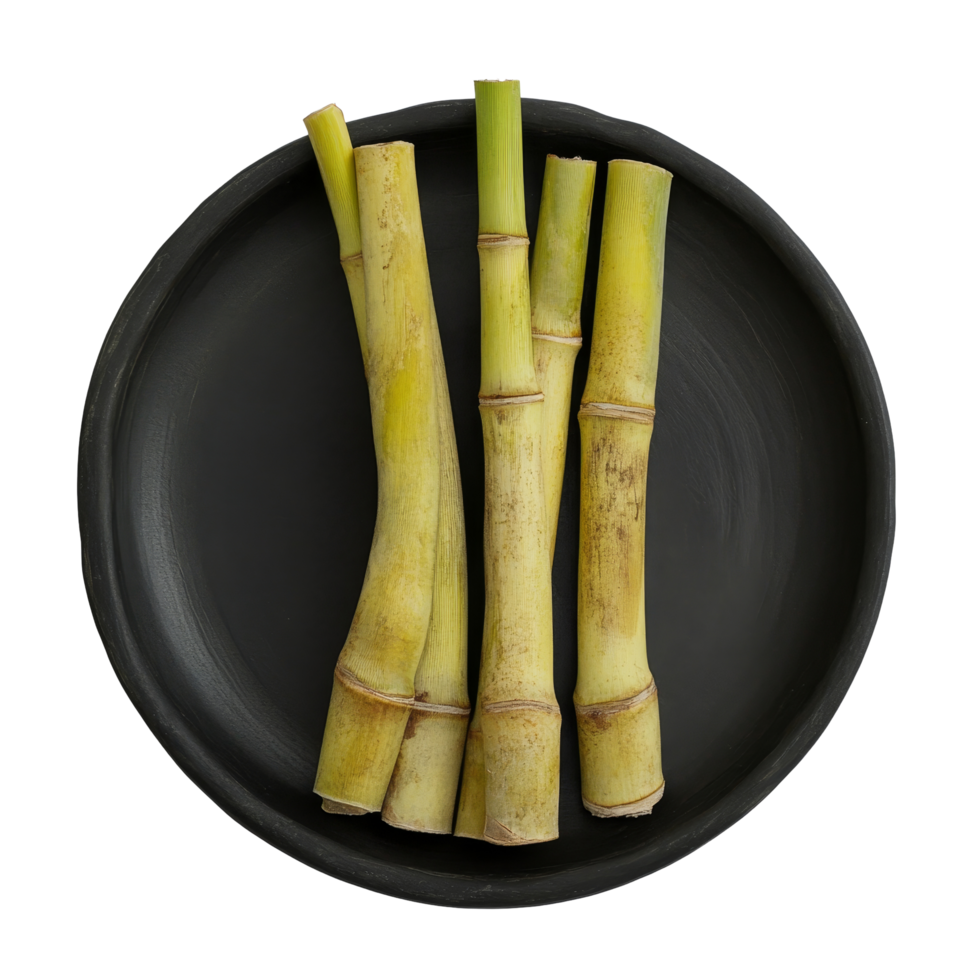 Fresh sugar cane stems arranged on a black plate against a clean transparent background, sugar cane on black plate transparent background png