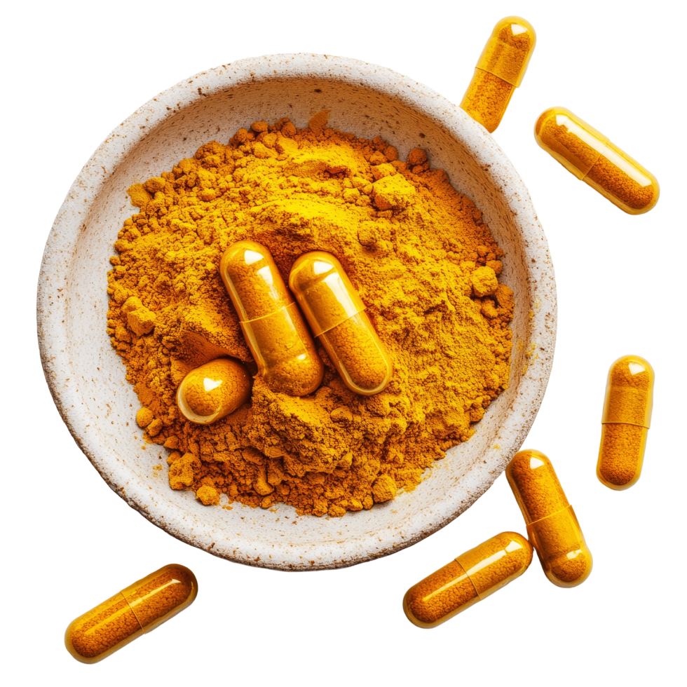 Turmeric powder and capsules in a bowl, showcasing their natural medicinal properties and health benefits, Turmeric powder and turmeric capsules in a plate on transparent background png