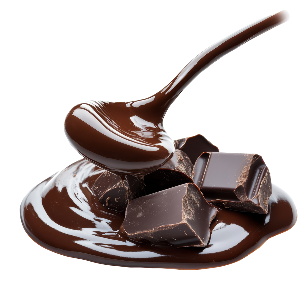 Rich liquid chocolate flowing smoothly over chocolate squares on a clean transparent background, liquid chocolate isolated on transparent background png