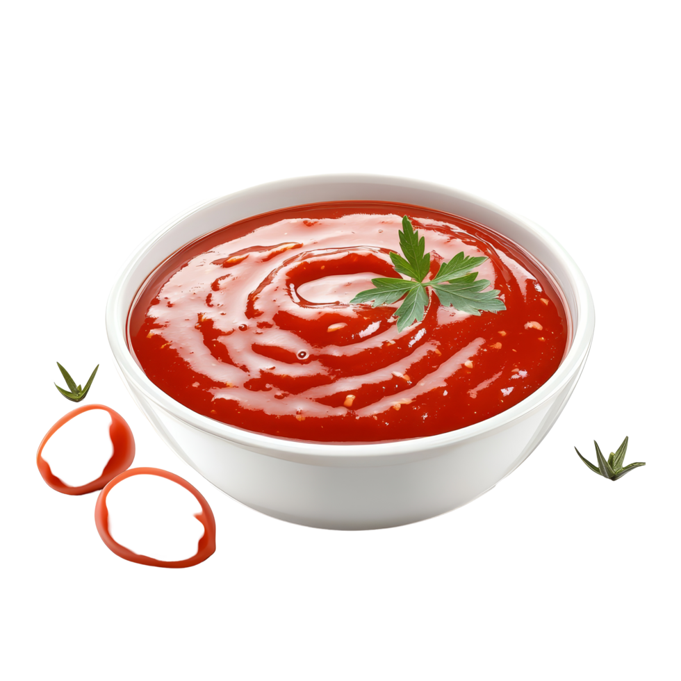 Freshly prepared tomato sauce with garnishing, served in a bowl against a transparent background, tomato sauce on transparent background png