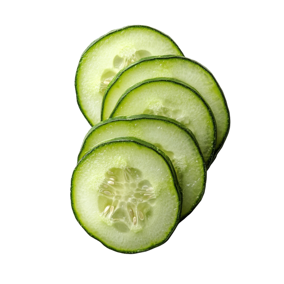 Fresh cucumber slices arranged beautifully on a transparent surface, highlighting the vibrant colors and textures, cucumber sliced isolated on transparent background png