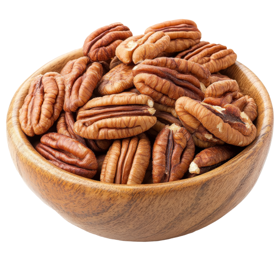 Fresh pecans in a wooden bowl against a bright transparent background showcasing their natural texture and color, Pecans in wood bowl on transparent background png