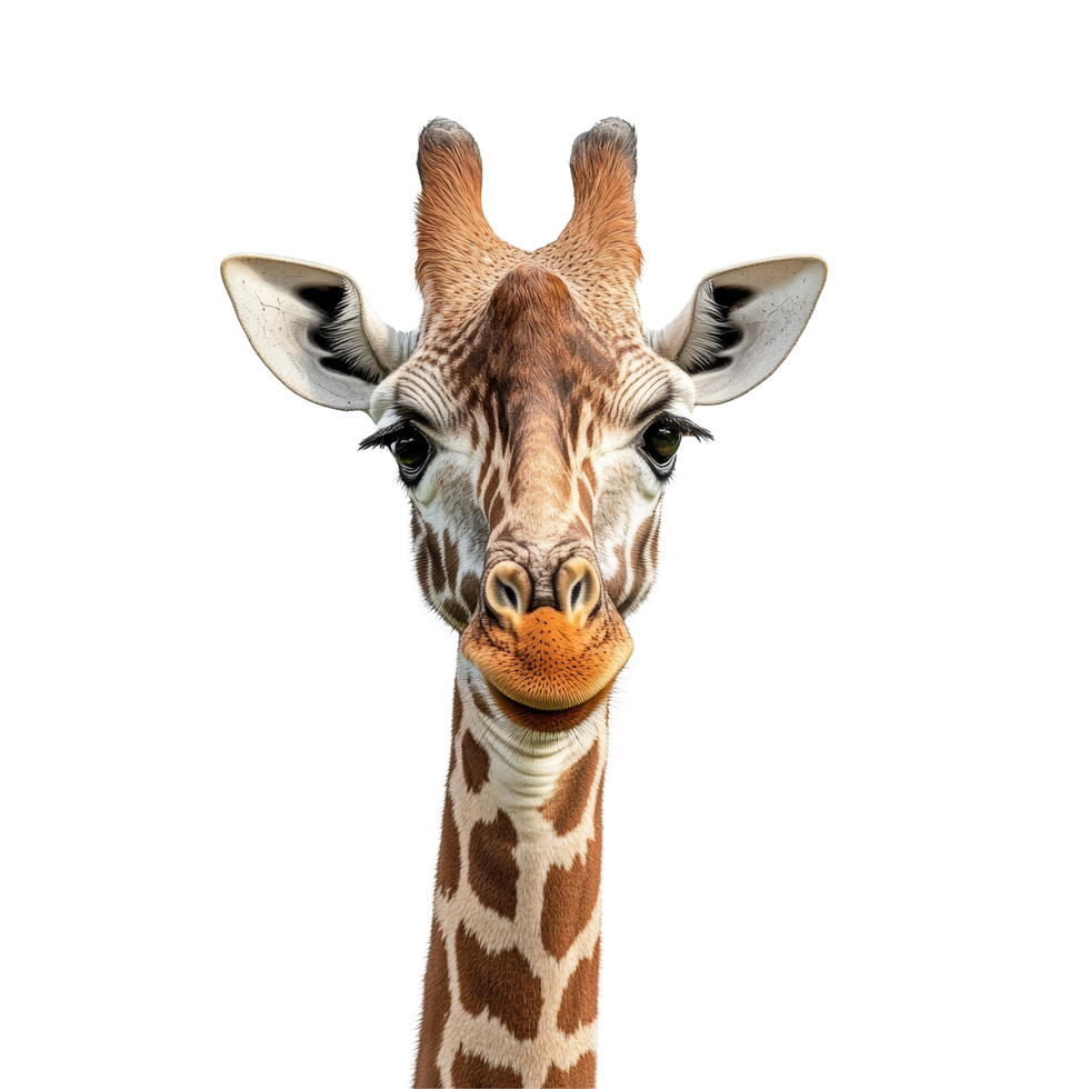 Close up of a giraffe against a transparent background showcasing its unique features and playful expression, Giraffe isolated closelook transparent background png