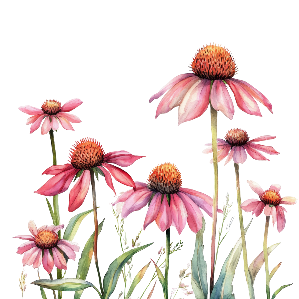 A vibrant arrangement of coneflower blooms in soft hues against a clean transparent background, showcasing their unique petal structure and colors, coneflowers flowers isolated transparent background png