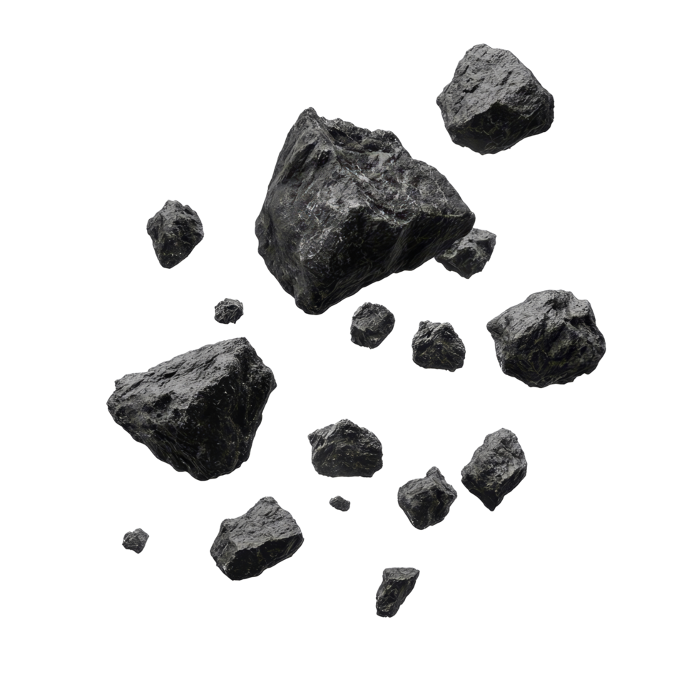 Flying black rocks isolated against a clean transparent background, creating a striking visual impact, flying black rocks isolated on transparent background png