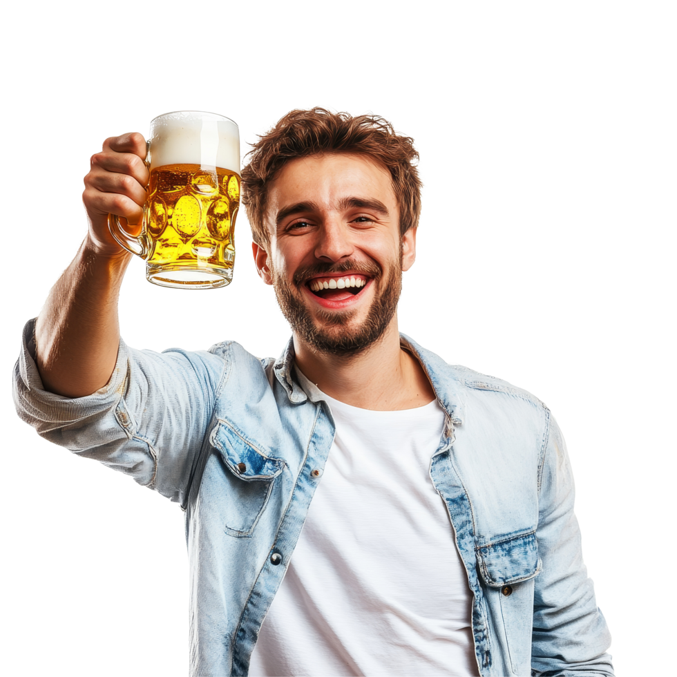 Joyful man celebrating with a beer mug raised in a toast against a light background, Joyful Man Raising a Beer Mug Celebration Toast Isolated on transparent background png