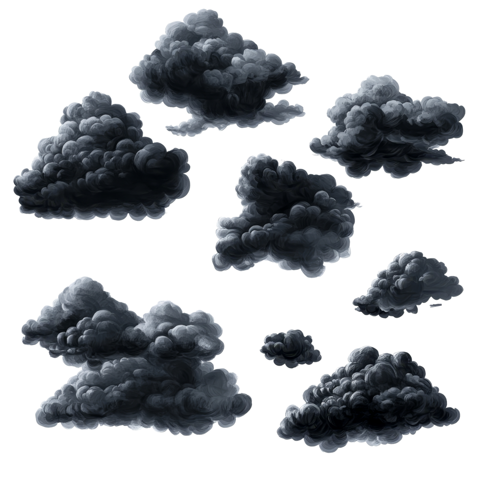 Dark clouds scattered across a bright transparent background depicting a stormy atmosphere, black clouds on transparent background png