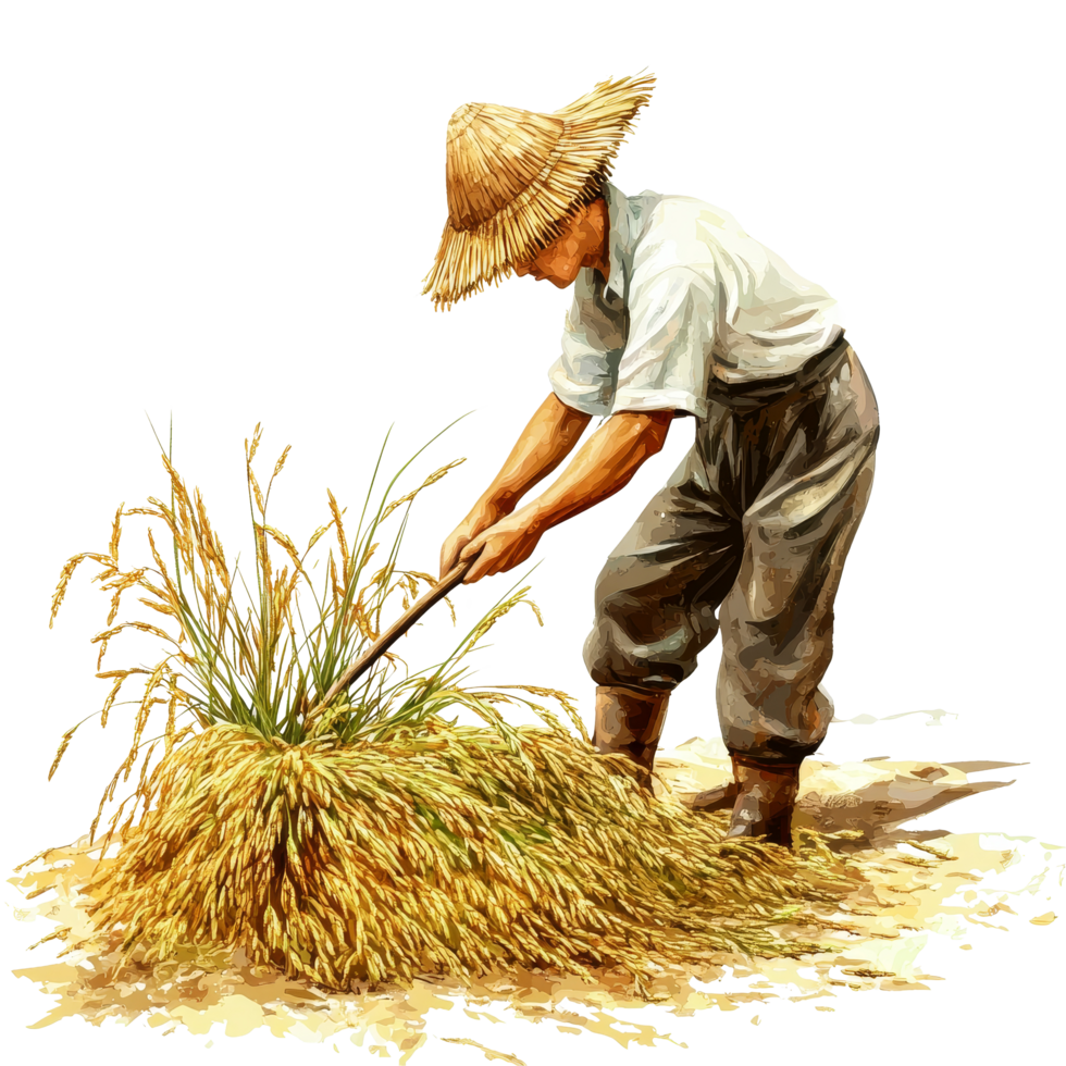 Sickle harvesting rice by a farmer in traditional clothing against a transparent background during harvest season, Sickle harvesting rice isolated on transparent background png