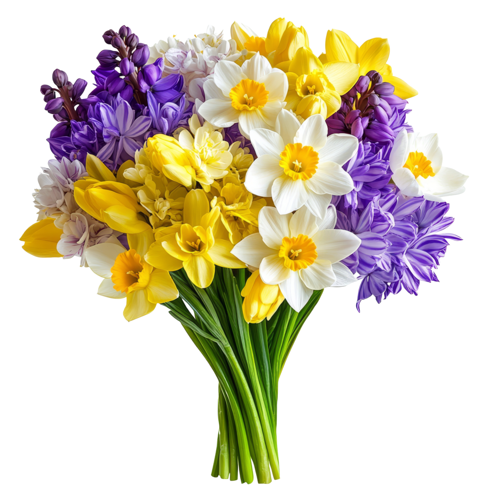 A vibrant bouquet of daffodils, crocuses, and hyacinths celebrating springs beauty in a sunlit setting, Daffodils, Crocuses, and Hyacinths flowers bouquet,isolated transparent background png