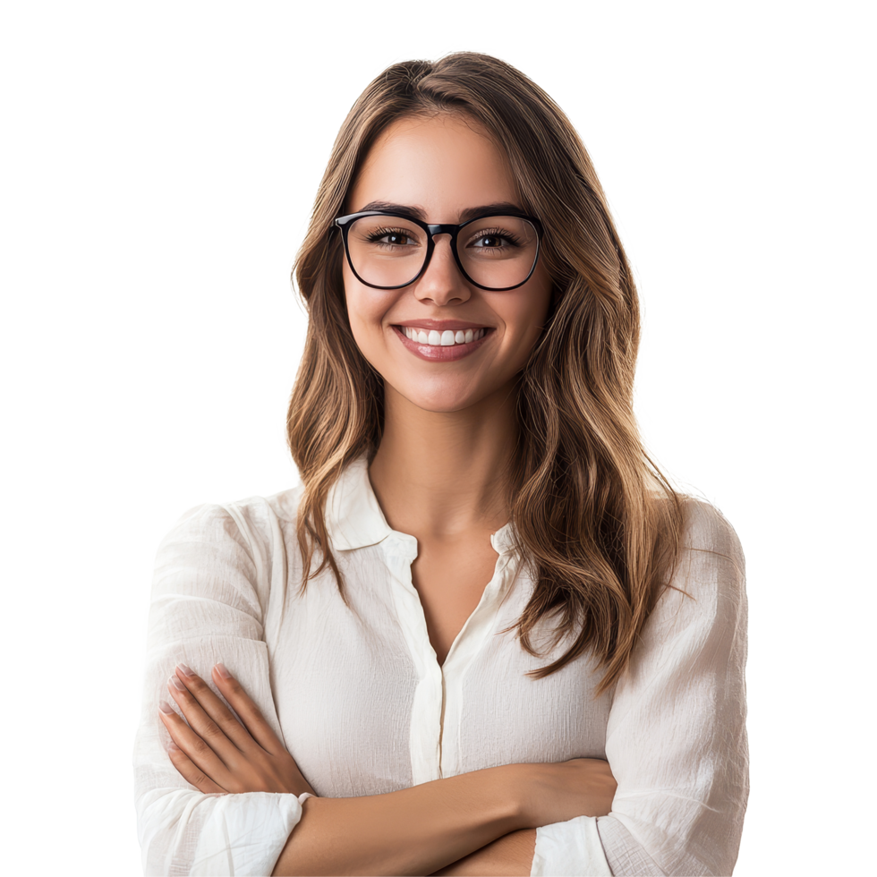 Friendly teacher smiling with crossed arms, isolated on transparent background in a professional setting, teacher lady friendly smiling arms crossedisolated transparent background png